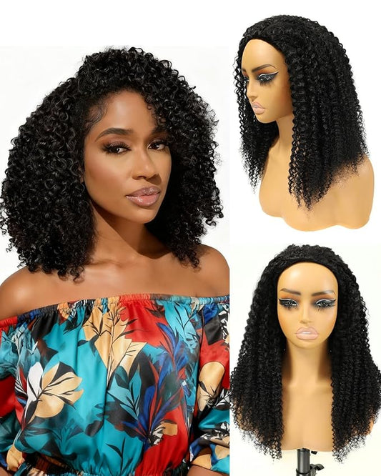 BEEOS Kinky Curly Half Wig for Women, 100% Remy Human Hair Drawstring Glueless Half Wigs 180% Density, Seamless Flip Over Headband Wig 24 Inch