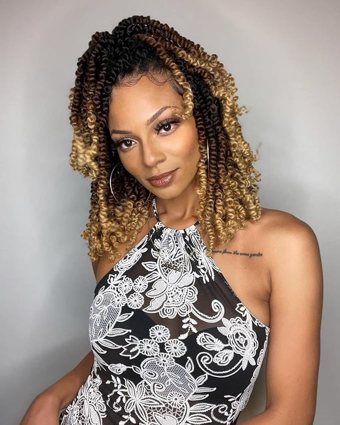 ZRQ Short Passion Twist With Bohemian Hair 10 Inch 8 Packs Ombre Brown Pre-twisted Crochet Passion Twists Synthetic Braiding Hair Curly Ends Braids Twist Hair for Black Women 12 Roots/Pack 1b3027#