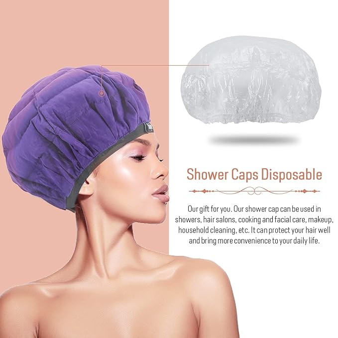 Flaxseed Deep Conditioning Heat Cap - Boloye Cordless 100% Safe Microwave Hot Cap for Natural Curly Textured Hair Care, Drying, Styling, Curling, Universal size (10 PCS One-time shower cap) (Purple)