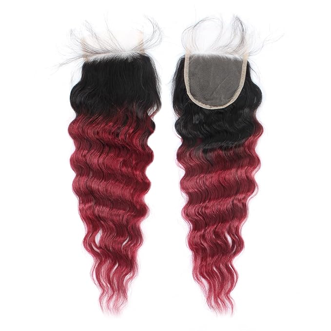 Loose Wave Bundles With Closure Burgundy Color Human Hair Loose Deep Wave Brazilian Virgin Hair 3 Bundles With 4x4 Lace Closure 1B99j Ombre Human Hair Bundles 70g/Bundle (24 26 28+22)