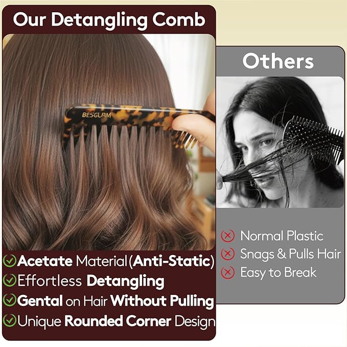 Wide Tooth Comb for Curls & Thick Hair - Large Detangling Comb for Women, 6 Inch Full-hand Length Acetate (Anti-Static), Wet/Dry Use, Reduces Breakage, (Tortoise)