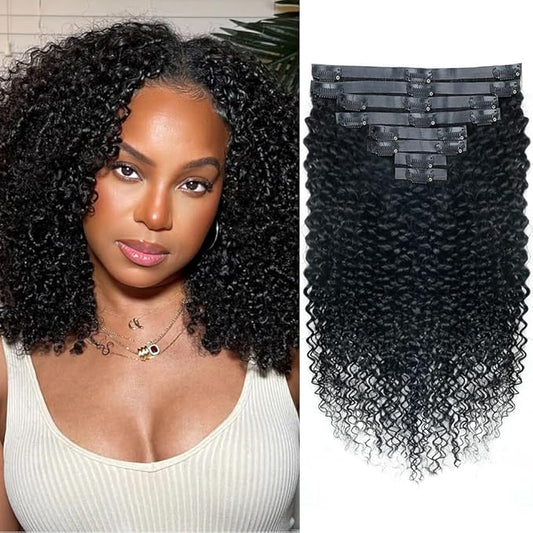 Seamless 3C 4A Kinky Curly Clip In Extension PU Weft Curly Clip in Extension Human Hair Clip Ins Full Head for Black Women Brazilian Remy Human Hair Natural Color 8Pcs with18clips 120g/Set (18 inch)