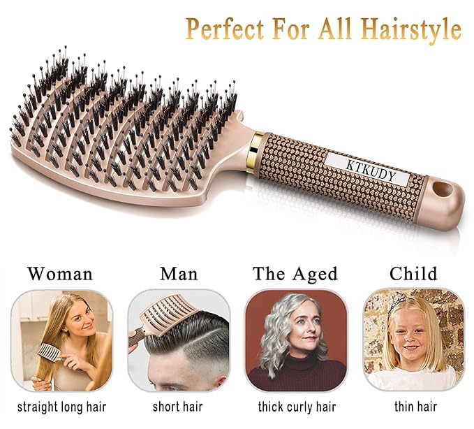 KTKUDY Detangling Brush Getting Knots Out without Pain - Boar Bristles Hairbrush Make Hair Shiny & Healthier Vented Detangler Brush for Women Men Kids Wet and Dry Hair (Gold)