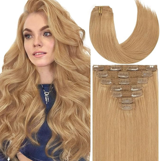 Caliee Hair Extensions Clip in Human Hair Caramel Blonde Seamless Clip in Hair Extensions Invisible Double Weft Real Human Hair for Full Head 120G 14 Inch Straight