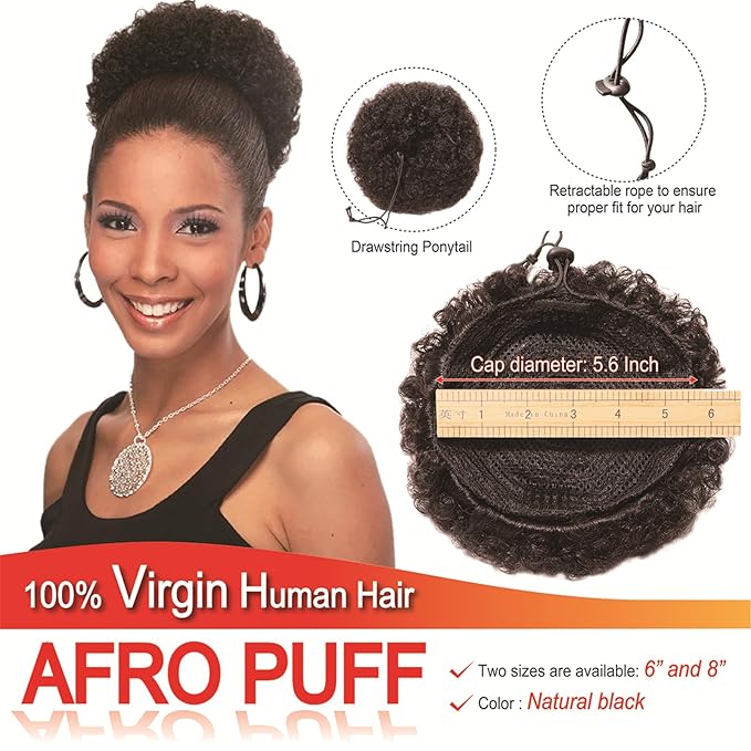 Afro Puff Ponytail Drawstring Wigs for Black Woman 6 Inch Natural Black 100% Human Hair Puff Ponytail Extension Clip On Kinky Drawstring Curly Ponytail Bun Durable Natural Soft and Smooth Hairpiece