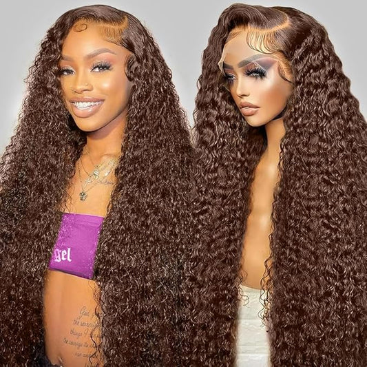 MEGOOD 360 Deep Wave Lace Front Wigs Human Hair 200 Density HD 360 Full Lace Chocolate Brown Human Hair Wig Colored Glueless Wigs Deep Curly Brown Wig for Women Deep Wave Wig 22Inch