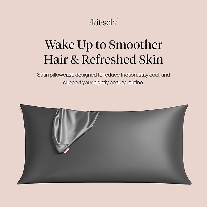Kitsch Satin Pillowcase with Zipper for Hair & Skin, Softer Than Silk Pillow Cases King, Wrinkle-Free, Smooth and Cooling Satin Pillow Covers, King Size 19"x36" - Charcoal