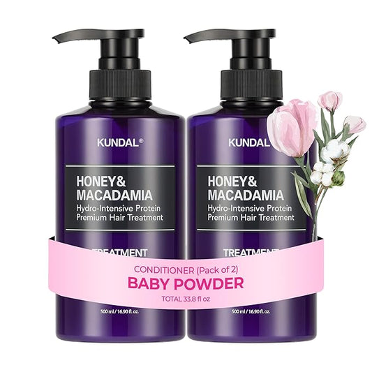 KUNDAL Honey & Macadamia Natural Conditioner Korean Hair Care Damage Repair, Deep Hydration, Long Lasting Fragrance, with Honey, Argan Oil, Macadamia Oil 16.9fl oz (Pack of 2) (Baby Powder)