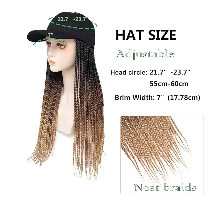 Hat Wig for Women Baseball Cap with Braided Hair Attached Synthetic Knotless Box Braid Wig Hat Adjustable Cap with 18in long ombre black brown light brown Braids for Daily Outdoor Use