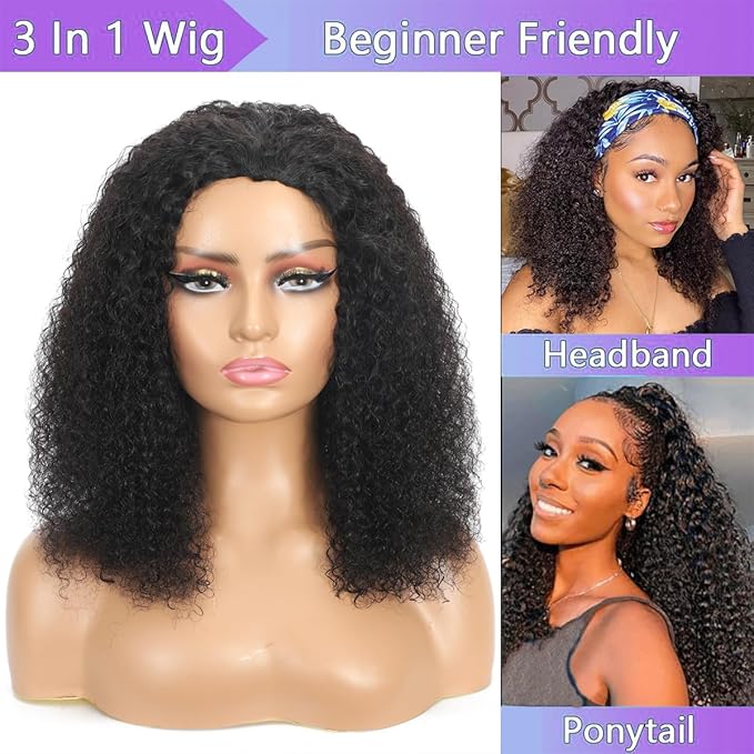 Glueless Half Wigs Human Hair Jerry-Curly Headband Wig Upgrade 3 In 1 Half Wig With Drawstring Seamless Clip Ins Flip Over 200 Density Curly Human Hair Wig For Black Women 16 Inch