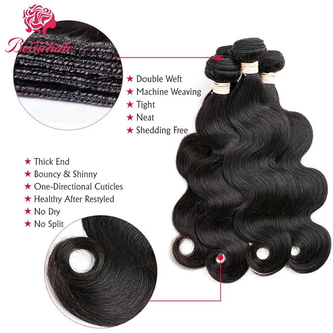 Brazilian Body Wave Virgin Human Hair Bundles with Lace Closure(14 16 18 with14 Closure) Human Hair Unprocessed Body Wave Hair Bundles with Closure 4X4 Lace Free Part Natural Black Hair