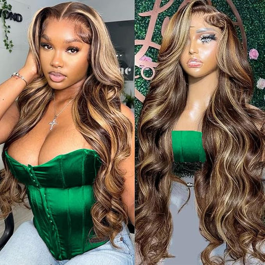 34 Inch Highlight Honey Blonde Lace Front Wig 13×6 Ombre P4/27 Highlight colored Lace Front Wigs Human Hair Pre Plucked Bleached Knots 180% Density