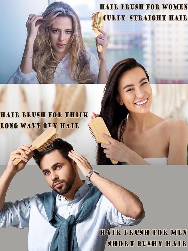 Bamboo Hair Brush for Men Women Detangling Thick Curly Hair, Natural Bamboo Bristles Wooden Paddle Hairbrush with Ergonomic handle for All Hair Types