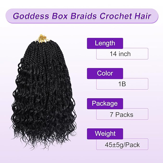 Eacia Goddess Box Braids Crochet Hair 14 Inch 7 Packs Pre looped Boho Braids Crochet Hair Bohemian Box Braid with Curly Ends for Women(14 Inch, 1B#)