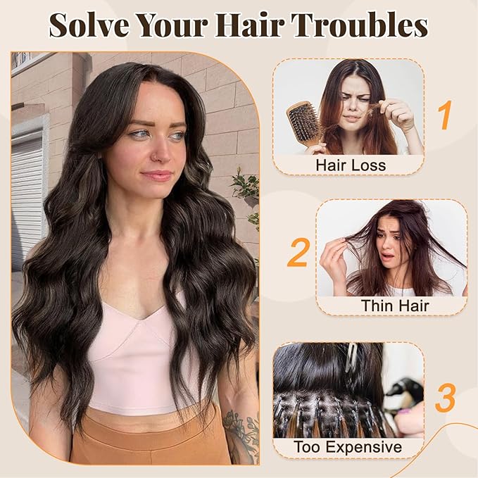 ALXNAN Clip in Long Wavy Synthetic Hair Extension 4PCS 24 Inch Dark Brown Thick Hairpieces Fiber Double Weft Hair for Women