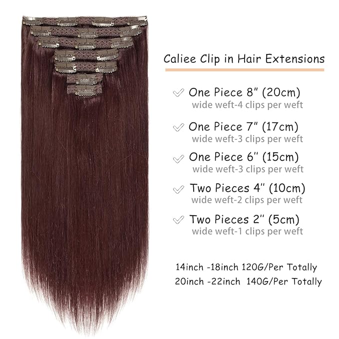 Caliee Clip in Human Hair Extensions Burgundy Wine Red 99J Hair Straight Real Human Hair Extensions Clip in 140G 20 Inch Red Clip in Extensions 100% Virgin Hair Extensions 7PCS