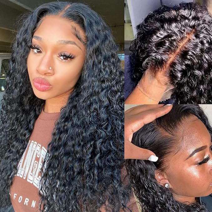 Glueless Water Wave Lace Front Wigs Human Hair for Women 180 Density Unprocessed Brazilian Virgin Human Hair Wigs with Baby Hair Pre Plucked Natural Hairline Wigs Deep Wave 13X4 Lace Frontal Wig