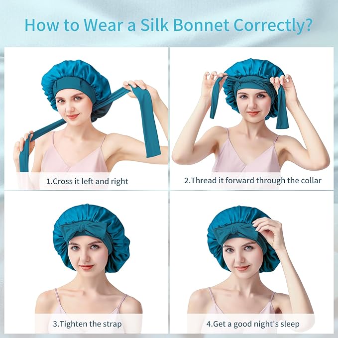 Silk Bonnet for Sleeping Women, 22 Momme 100% Mulberry Silk Sleep Cap, Double-Layer Reversible Silk Hair Wrap for Women & Night Hair Care, Fits All Hair Types – Peacock Blue