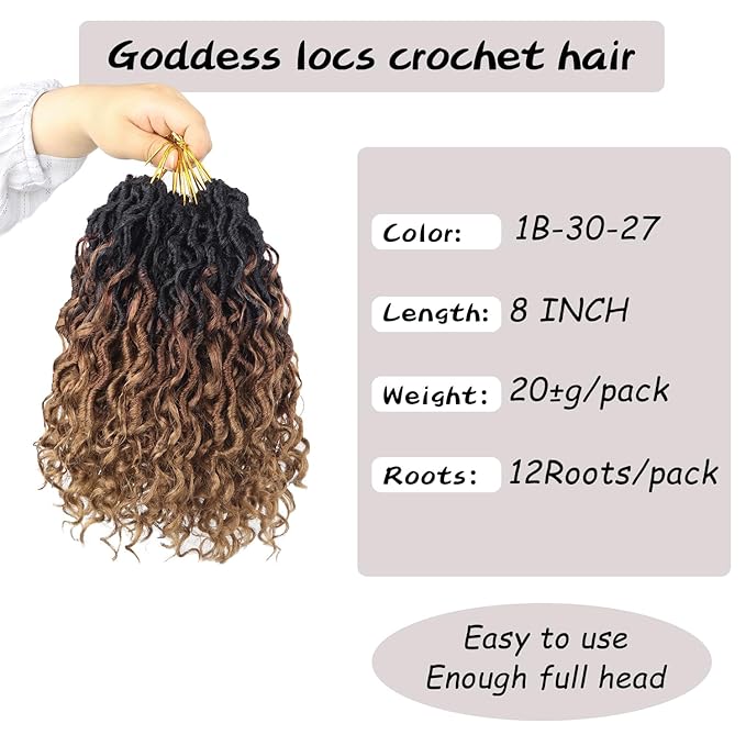 Goddess Locs Crochet Hair,8 Inch 9 Packs Faux Locs Synthetic Crochet Hair for Black Women, Boho Style Pre looped crochet with Curly Ends
