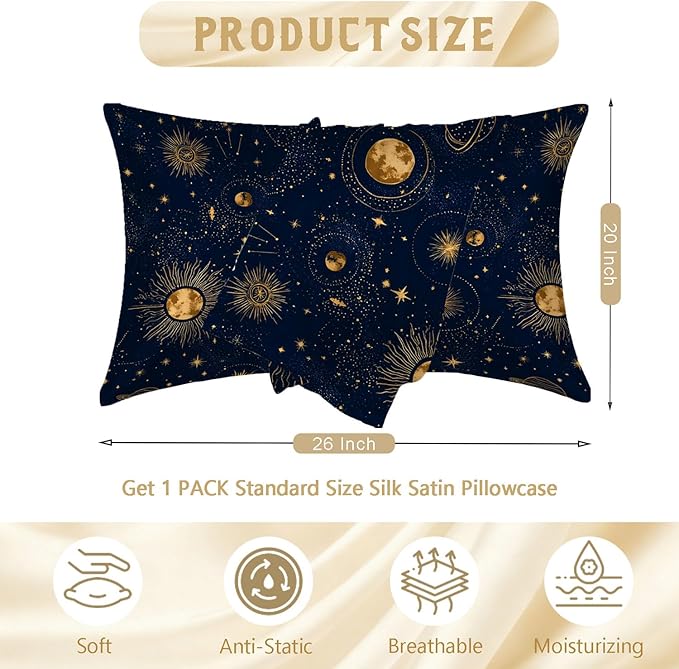 1 Pack Satin Pillowcase for Hair and Skin Golden Sun Moon and Planets Imitation Silk Pillowcase with Hidden Zipper Soft Breathable Pillow Cover Standard Size for Bedroom Sofa 20”x26”
