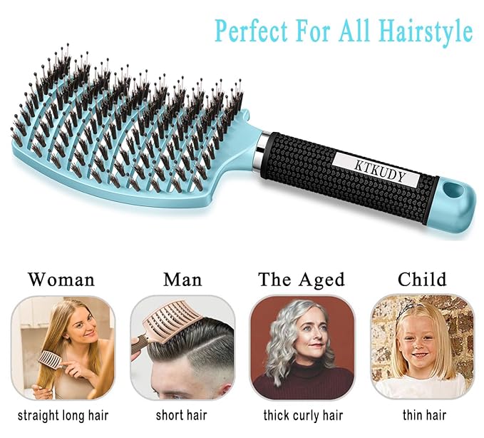 KTKUDY Detangling Brush Boar Bristles Hairbrush Make Hair Shiny & Healthier Curved and Vented Detangler Brush for Women Men Kids Wet and Dry Hair (light Blue)