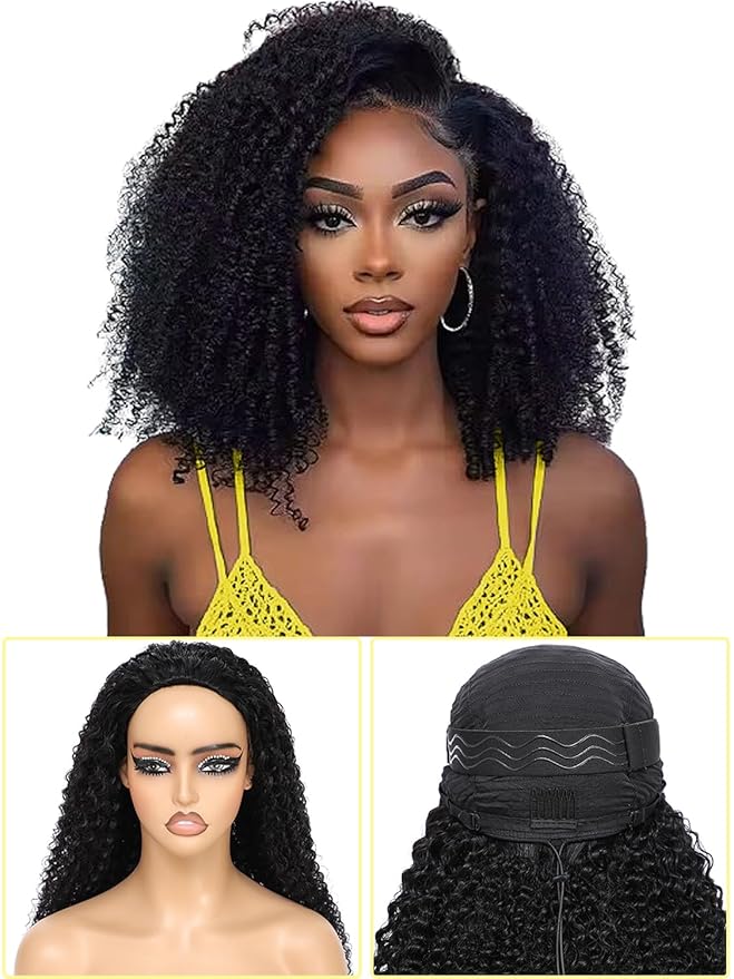 Kinky Curly Half Wig Human Hair 3 In 1 Seamless Flip Over Half Wigs Human Hair Glueless Wear and Go 220 Density Beginner Friendly Drawstring Headband Wig for Women (KC Half Wig, 24 Inch)