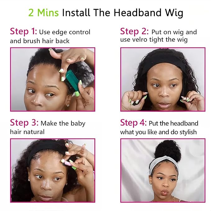 Curly Headband Wig Human Hair 30 inch Machine Made None Front Deep Wave Headband Human Hair Wigs For Black Woman Water Wave Head band Wig Natural Color