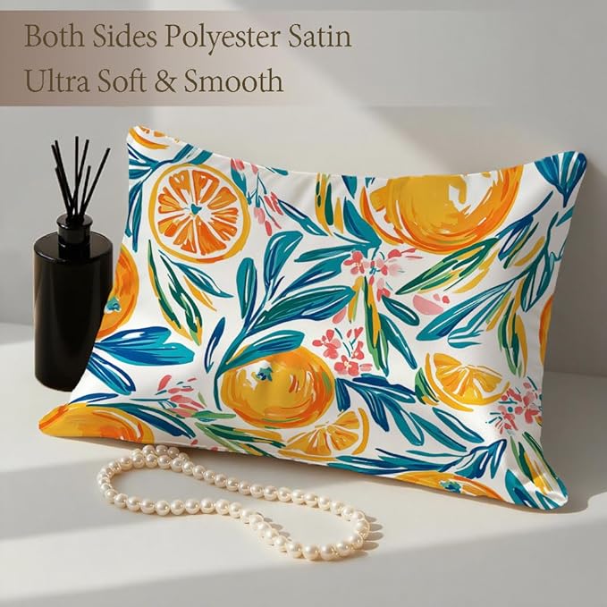 Satin Pillowcase with Zipper for Hair and Skin Abstract Orange and Leaves 1 Pack Soft Silk Pillow Case Standard Size Wrinkle-Free Smooth and Cooling Satin Pillow Cover 20”x26”