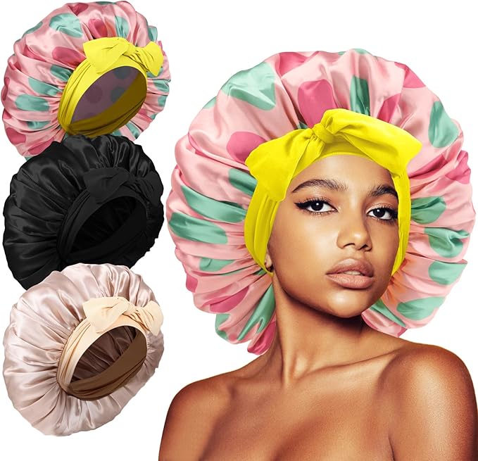 3Pcs Bonnets for Sleeping, Extra Satin Silk Bonnet for Sleeping Women with Tie Band for Curly Hair Jumbo Bonnet Braids