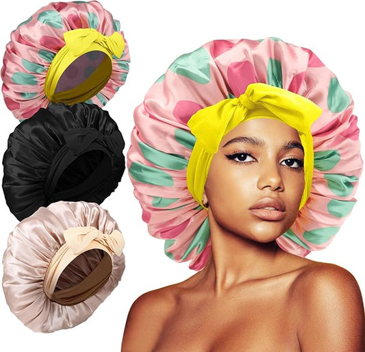 3Pcs Bonnets for Sleeping, Extra Satin Silk Bonnet for Sleeping Women with Tie Band for Curly Hair Jumbo Bonnet Braids