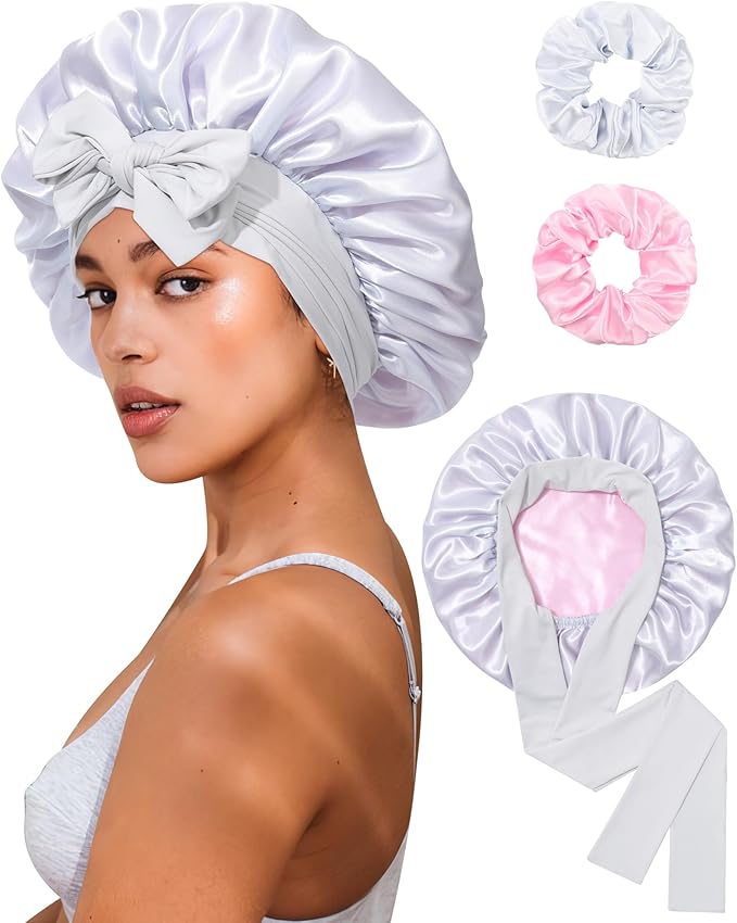 Reversible Satin Bonnet for Sleeping Women Double Layer Hair Bonnet with 2PCS Hair Scrunchies Elastic Tie Band Night Cap
