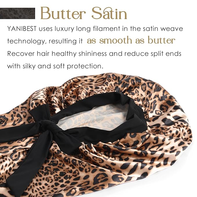 2 Pcs Hair Bonnets for Women Satin, Black Leopard Soft Elastic Band Long Satin Bonnet Sleeping Cap for Women Bonnet for Braids