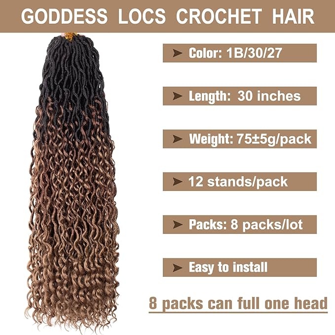 COOKOO 30 Inch 8 Packs Goddess Locs Crochet Hair Bohemian Faux Locs Crochet Hair for Black Women Pre Looped Boho Crochet Locs Synthetic Hair Extensions 1B/30/27#