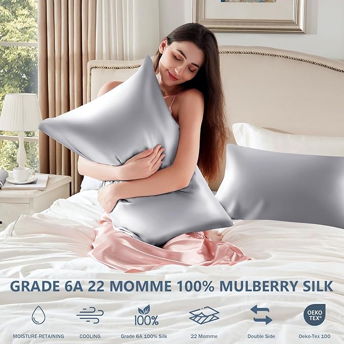 Silk Pillow Cases King Size 100% Mulberry Silk Pillowcase for Hair & Skin Inches 22 Momme Both Sided Grade 6A Silk Cooling Soft Breathable 20 x 36 with Hidden Zipper 1PC, Grey