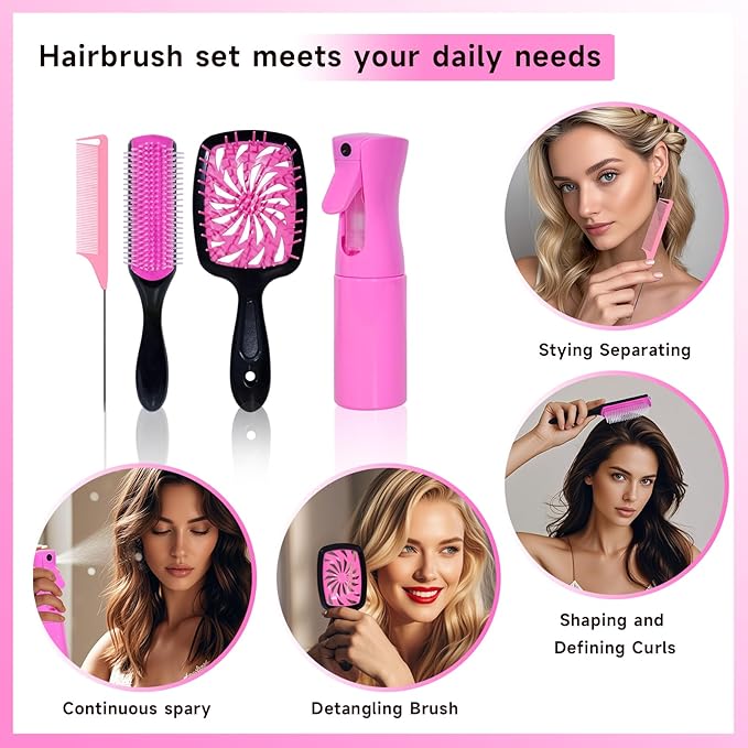 11 Pcs Hair Brush Set, Detangle Hair Brush And Spray Bottle, 3 Pieces Smooth Hairbrush For Toddlers, Suitable For Wet and Dry Hairstyles, Suitable For Adults And Children. (Pink)