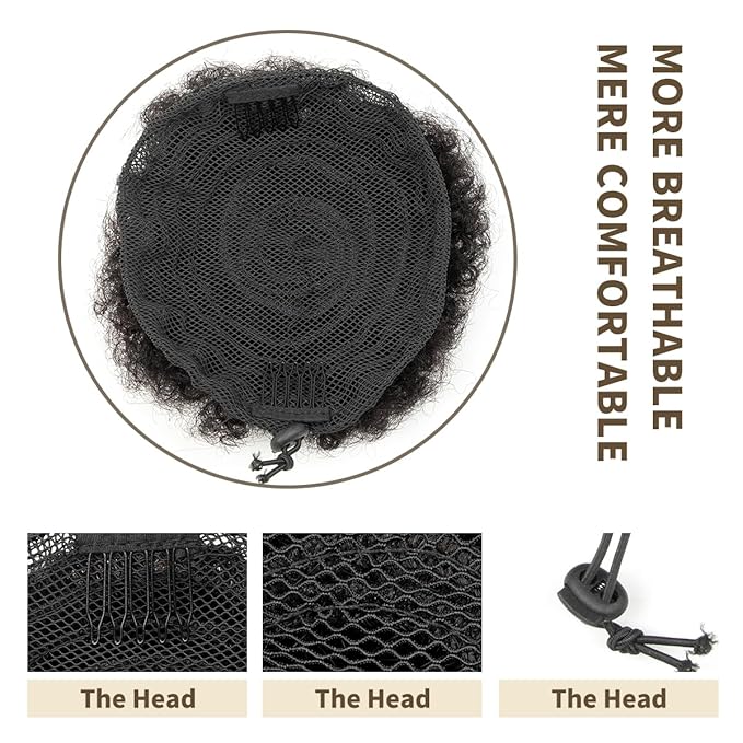 isheeny Medium Curly Ponytail Extension Human Hair Black Drawstring Ponytail 2pcs For School Children, An Innovative Design For African Puffs, Delicate And Cute Loose Kinky Curls Hairpiece