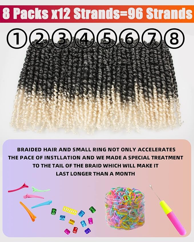 10 Inch 8 Packs Pretwisted Pre Looped Passion Twist Crochet Hair-Ombre Grey to Blonde Off-white,3 Tones Super Soft&Bouncy Synthetic Braided Hair Extensions(10 Inch-8 Packs,Gray/27/613)
