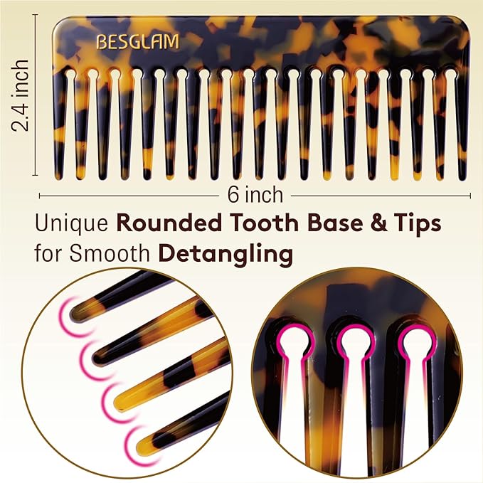 Wide Tooth Comb for Curls & Thick Hair - Large Detangling Comb for Women, 6 Inch Full-hand Length Acetate (Anti-Static), Wet/Dry Use, Reduces Breakage, 2 Pack (Tortoise & Tokyo)