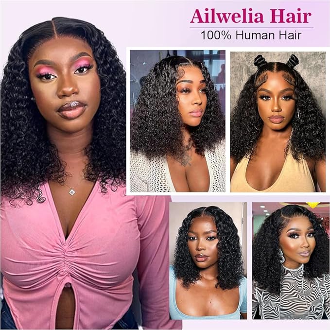 Curly Bob Wig Human Hair Deep Wave Glueless Wigs Human Hair Pre Plucked Pre Cut 5x5 Wear And Go Glueless HD Lace Closure Wigs Human Hair For Black Women 200% Density Black Color 14 Inch
