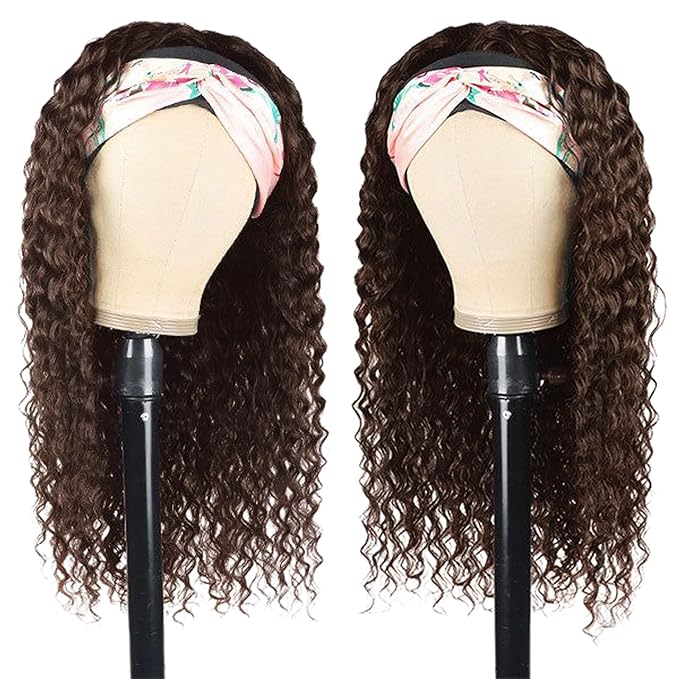 Aiterina Human Hair Headband Wig Deep Wave Chocolate Brown 18 Inch