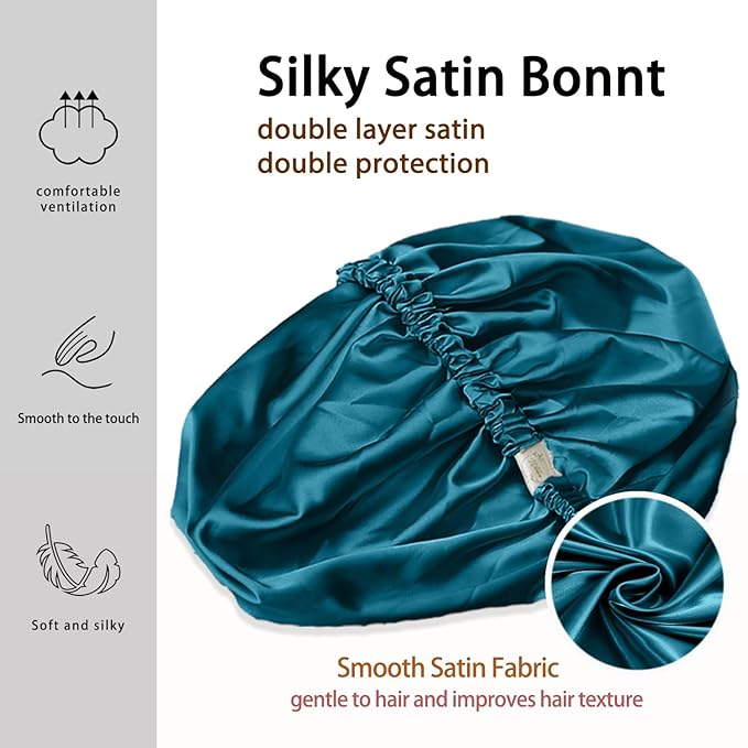 2 Pack silk bonnet for sleeping women-Double Layer Adjustable Sleep Cap-Soft and Silk Hair Bonnet for Curly Hair Protection-(Black & Teal)
