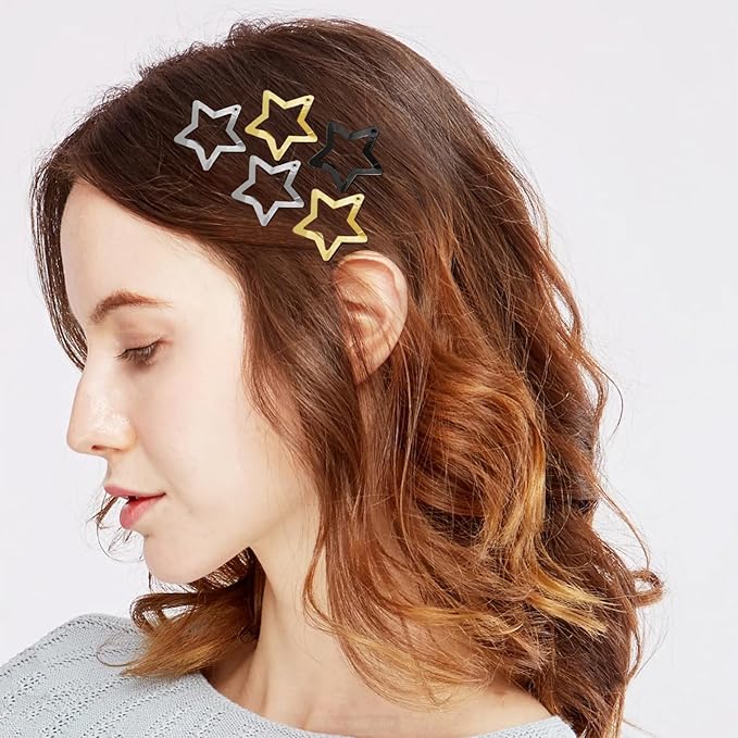 Star Hair Clips 2000s Y2K Snap Hair Barrettes Non Slip Star Hair Accessories Black Gold Silver Metal Hair Clips for Girls Women -15 PCS 1.18"