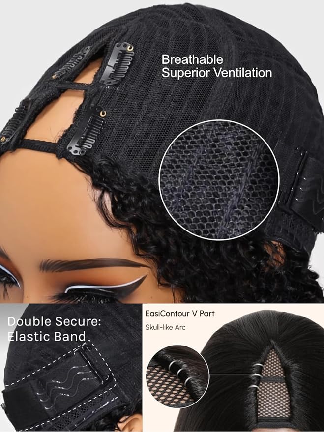 Julia Hair EasiContour 12A V Part Jerry Curly Glueless Wigs Human Hair Clip in Half Wig No Leave Out Vpart Wig Upgrade U Part Human Hair Wigs for Women No Glue Beginner Friendly Natural Color 22 Inch