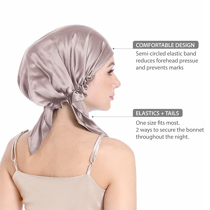 100% Silk Bonnet for Sleeping, Large Silk Sleep Cap with Tie Band for Curly Hair, Dusty Rose