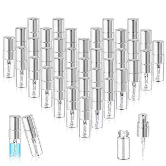 Zhehao 50 Pcs Mini Spray Bottles 2 ml Clear Glass Perfume Bottles Refillable Fine Mist Perfume Atomizer Portable Empty Sample Containers for Cleaning, Essential Oils, Travel (Silver Cap)