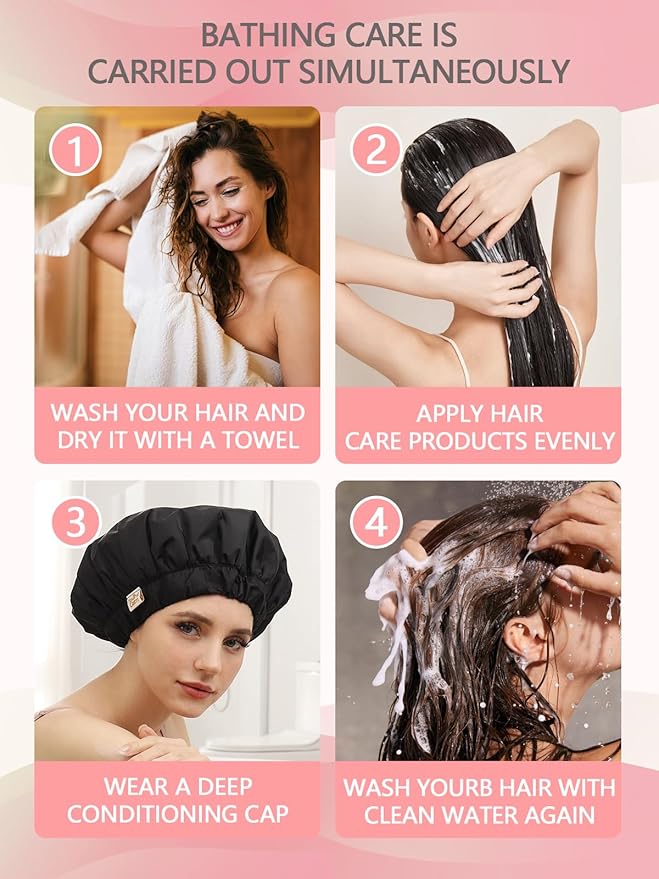Years calm Heat Cap For Deep Conditioning Shower Cap，Reusable Three-Layer Structure Waterproof Hair Cap – Applicable Tofor Bathing, Hair Care, And Other Uses (Black, One Size)