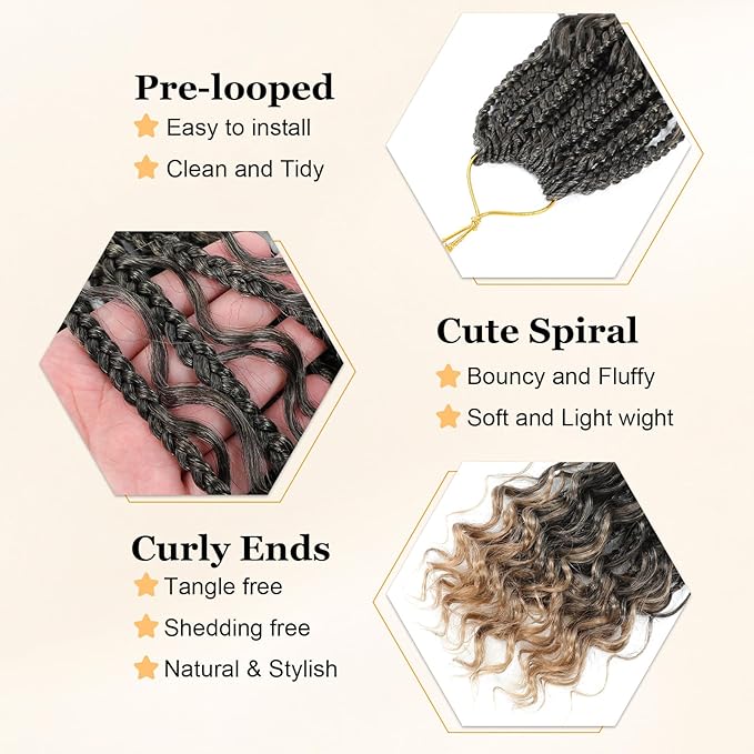 9 Packs Goddess Box Braids Crochet Hair Boho Box-Braids With Curly Ends Crochet-Hair For Black Women, 12 Inch Pre Looped Bohemian Crochet Box-Braiding (12Inch 9 Packs,T27)