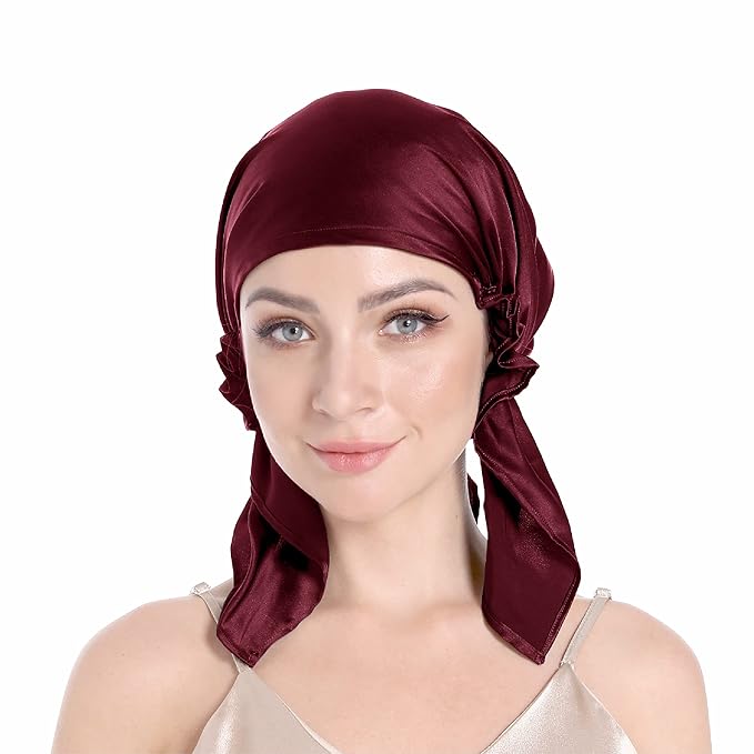 SissiLita 100% Silk Bonnet for Sleeping With Tie Band, Large Sleep Cap for Curly Hair, Wrap for Hair Care (Dark Red)