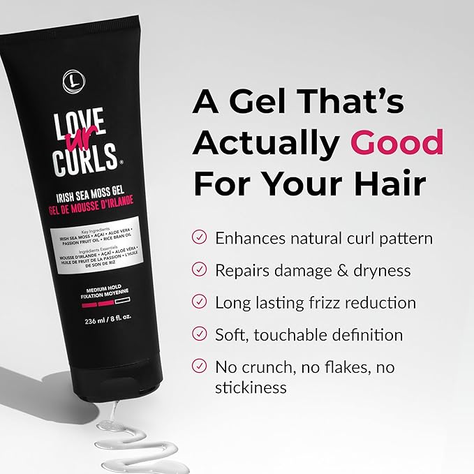 Love Ur Curls Irish Sea Moss Hair Gel, Medium Hold Hair Styling Curling Gel for Defined Curly Hair, Waves & Coils, Vegan, Cruelty Free, 236mL