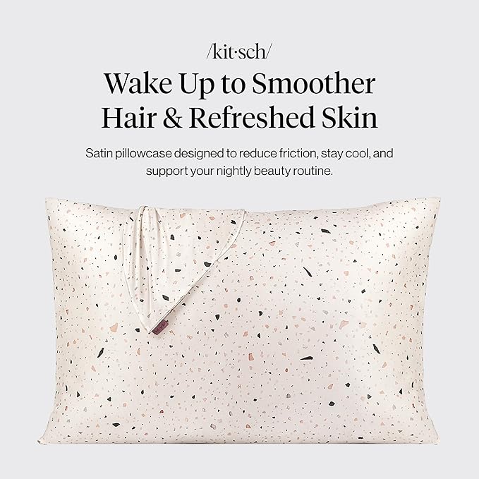 Kitsch Satin Pillowcase with Zipper for Hair & Skin, Softer Than Silk Pillow Cases Queen, Wrinkle-Free, Smooth and Cooling Satin Pillow Covers, Standard Size 19"x26", White Terrazzo